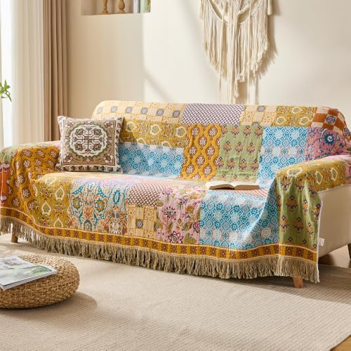 VANJOROY Boho Throw Blanket, 100% Organic Cotton Breathable Skin-Friendly Ultra Soft 50" x 60" Bed Quilt Patchwork Throw - Floral Luxury Reversible Blanket for Sofa Couch Chair and Gift, - Image 7