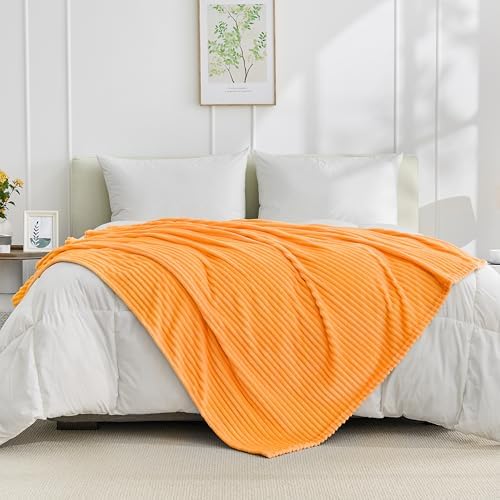Bnuitland Fleece Throw Blanket for Couch, 300GSM Soft Warm Cozy Fluffy Throw for Adults & Kids, Stripe Pattern, All Season Sofa Bed Blanket for Home Decor, Light Orange 50"x60" - Image 2