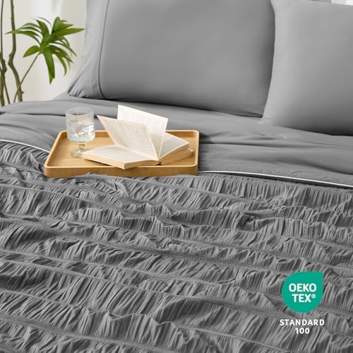 Cozy Bliss Vertical Striped Seersucker Cooling Comforter Queen Size, Lightweight Airflow Silky Cooling Bedding with Q-Max>0.45 for Bedroom, Home Decor, Hot Sleepers & Night Sweats, Grey 90"x90" - Image 6