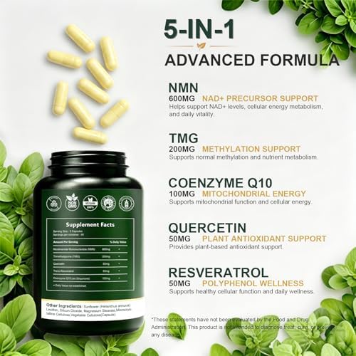 NMN Supplement, NAD+ Precursor Support 1000mg 5-in-1 Complex with 600mg Nicotinamide Mononucleotide and TMG 200mg, Trans-Resveratrol, Quercetin, CoQ10 for Cellular Energy, Antioxidant Support - Image 2
