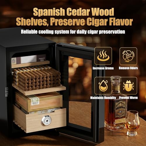 KingChii 23L Cigar Cooler Humidor with Cooling Control System, Electronic Cigar Cabinet Spanish Cedar Shelves & Digital Hygrometer, Father DayGifts for Men (3 Layers 150 Capacity) - Image 3