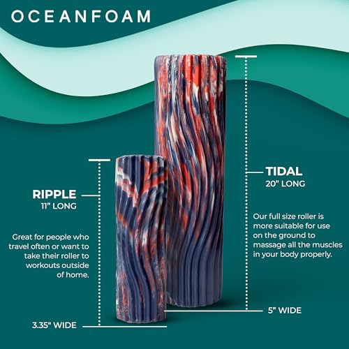 Oceanfoam Tidal Roller - Red, Dark Navy & Natural Marbled - Muscle Massage Foam Roller for Back Pain & Stretching - Firm & Ergonomic Wide Wave Textured - Yoga, Athletics, Wellness - Full Size 20" x 5" - Image 6