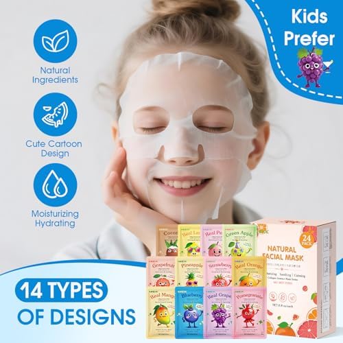 KONEUK 24 Pack Fruit Kids Face Mask, Collagen Hydrating Face Masks Skincare - Image 4
