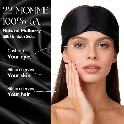 Silk Sleep Mask 22 Momme 100% Mulberry Silk & 3.5cm Silk Hairband Set for Side Sleeper Women Men,Light Blocking Nose Pad, Adjustable Silent Strap,Eye Mask fo Home & Travel Use (Black) - Image 6