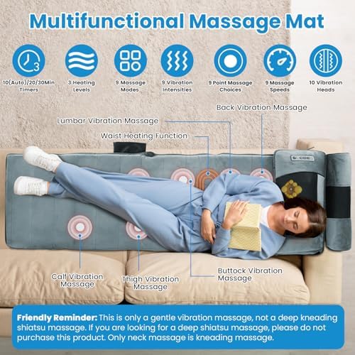 Moclever Full Body Massage Mat with Heat,Electric Massage Pad for Back, Neck,Foot Lumbar Support,3 Heated Levels 10 Vibrating Nodes W/Head Pillow,Cloth Lumbar Pillow,Timer Anti-Slip Bottom Earplugs - Image 3