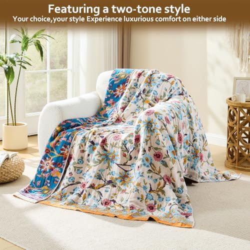 VANJOROY Boho Throw Blanket, 100% Organic Cotton Breathable Skin-Friendly Ultra Soft 50" x 60" Bed Quilt Throw - Floral Rustic Decor Luxury Reversible Blanket for Sofa Couch Chair and Gift, - Image 2