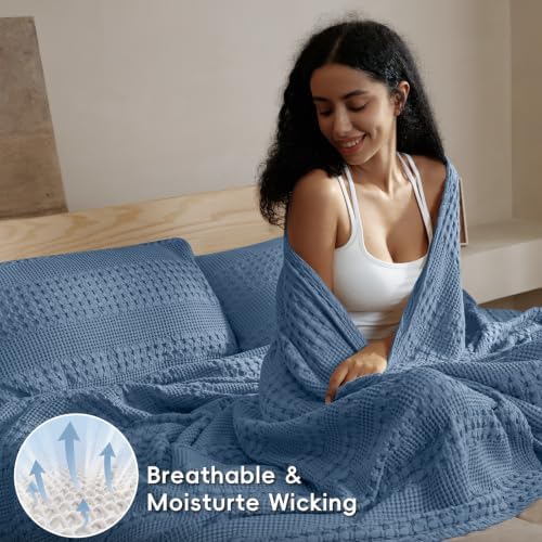 PHF Lightweight 100% Cotton Waffle Blanket for Bed, King, Denim Blue - Image 3