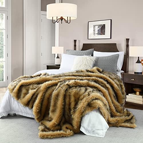 Luxury Plush Faux Fur Blanket King Size, Long Pile Golden Yellow with Black Tips Throw, Oversized Super Warm, Fuzzy, Elegant, Fluffy Shaggy Throw Blanket for Sofa, Armchair, Couch and Bed, 104"x90" by HORIMOTEHOME