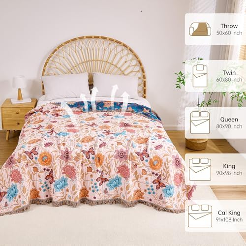 VANJOROY Boho Throw Blanket, 100% Organic Cotton Breathable Ultra Soft 60" x 80" Bed Quilt Throw - All Season Floral Rustic Farmhouse Decor Luxury Reversible Blanket for Sofa Couch Chair and Gift - Image 5