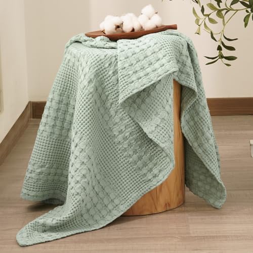 PHF Lightweight 100% Cotton Waffle Throw Blanket for Couch, Mint Green - Image 4