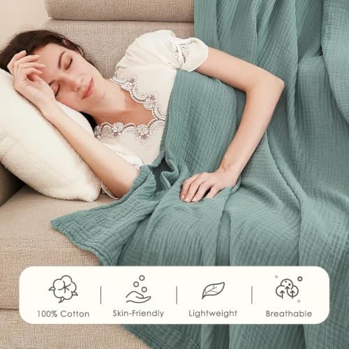 EMME Cotton Muslin Blanket King Size - Soft, Breathable Layering Bedspread Blanket, 108"x90", All Season Gauze, Teal - Image 2