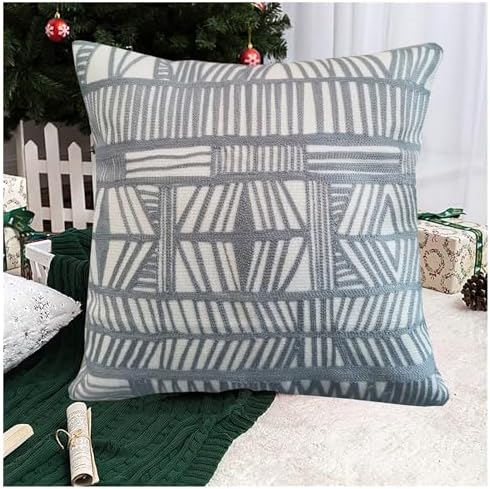 Decorative Throw Pillowcase Boho Tribal Pattern 1 pc Silver Grey and White Geometric Bolero 18x18 inch Accent Pillow Cushion Cover Modern Boho Embroidery Cotton Canvas by Aitliving