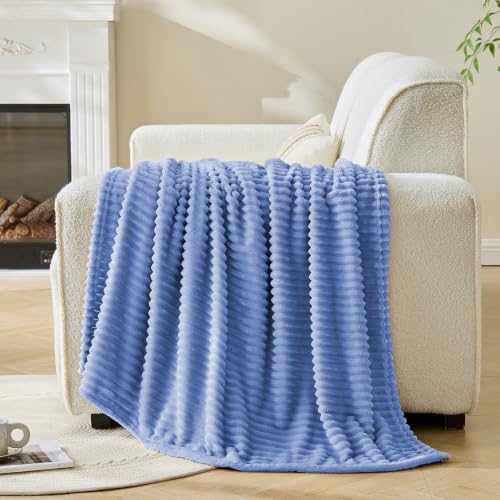 Bnuitland Fleece Throw Blanket for Couch, 300GSM Soft Warm Cozy Fluffy Throw for Adults & Kids, Stripe Pattern, All Season Sofa Bed Blanket for Home Decor, Sky Blue 50"x60" - Image 2