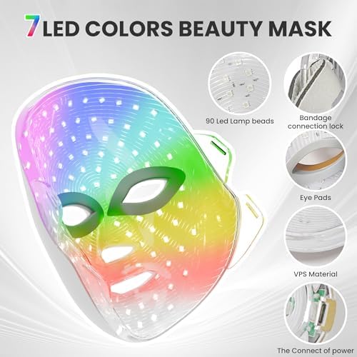 7-1 Colors Red Light Therapy For Face，LED Facial Skin Care Mask,Red Light Mask for Face, LED Facial Mask Light,Salon or Home,White. - Image 2