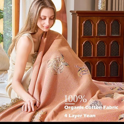 VANJOROY Boho Throw Blanket 80" x 90", 100% Organic Cotton Breathable Skin-Friendly Ultra Soft Bed Quilt Throw - Floral Rustic Decor Luxury Reversible Blanket for Sofa Couch Chair and Gift, - Image 6