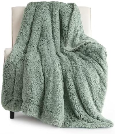 Bedsure Faux Fur Fluffy Sherpa Blanket Couch Throw Sage Green 50"x60" by Unknown