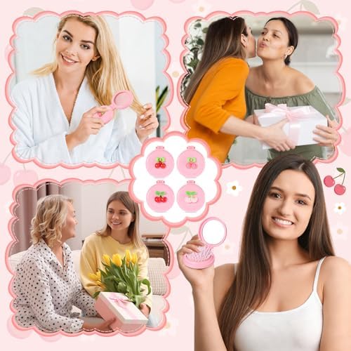 12 Pcs Pink Coquette Cherry Mini Hair Brushes Folding Mirror Coquette Detangler Brush Bulk Round Compact Massage Scalp Comb for Purse Women Travel Team Gifts Trendy Stuff Party Favors - Image 6