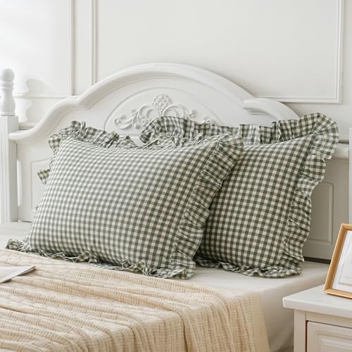 2 Pack Sage Green White Plaid Ruffle Pillow Shams Standard Size 20"x26" - Image 3