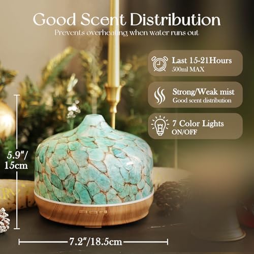 Porseme 500ml Glass Essential Oil Diffuser Aromatherapy Ultrasonic Cool Mist Humidifier 15-21 Running Hours Waterless Auto-Off Air Diffusers for Sleeping Yoga Working Spa(Light Blue) - Image 3