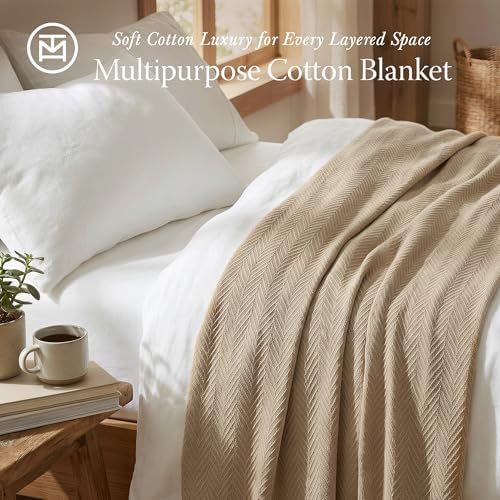 Threadmill Luxury 100% Cotton King Herringbone Blanket, Beige - Image 2