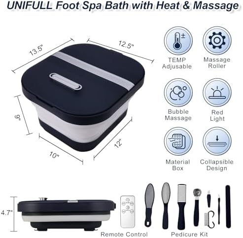 UNIFULL Collapsible Foot Bath Spa with Heat, Remote Control, Massage Rollers, Bubble, Foot Pedicure Kit, Red Light, Pedicure Foot Spa, Foot Bath for Gifts - Image 2