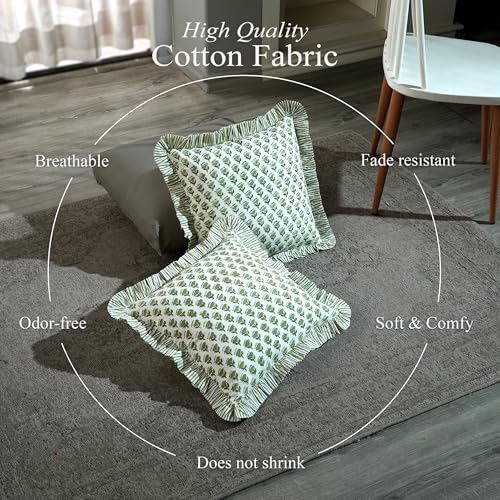 CPC Block Print Ruffle Throw Cover Emerald Green 16"x16" Inch Pack of 2-100% Cotton Ruffle Couch Decorative Boho Pillows Case for Living Room, Bedroom, Sofa, Farmhouse Gift for Spring, Mother's Day - Image 3