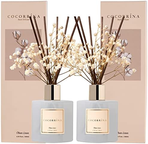 Cocorrína Reed Diffuser Set, 6.7 fl.oz Clean Linen 2 Packs Scented Diffuser with Sticks Home Fragrance Reed Diffuser for Bathroom Shelf Decor by COCORR%C3%8DNA