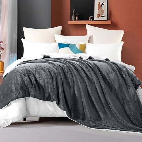 Elegant Comfort Ultra Soft Reversible Flannel Sherpa Blanket - Cozy Silky Fleece Throw for Couch, Bed - Plush Fuzzy Warm Winter Blanket for Gift, King, Gray - Image 2