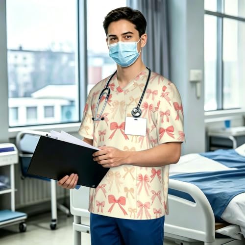 Men's Scrub Top,V-Neck Spill Wrinkle Resistant,3 Pockets-Preppy-Style Bow (1) - Image 3