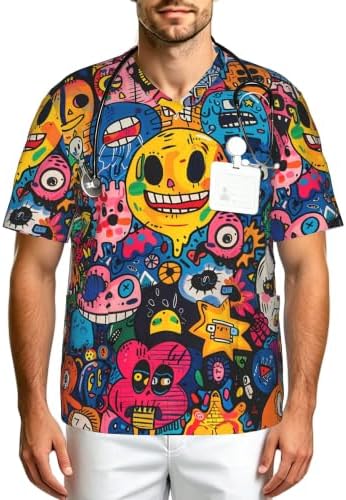 Men's Scrub Top,V-Neck Spill Wrinkle Resistant,3 Pockets-Dense Doodle (4) by Unknown