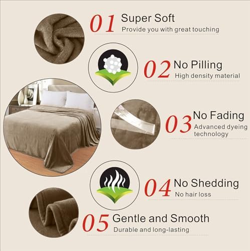 Fleece Blankets for All Season - Premium Lightweight Anti-Static Throw for Queen/Full Size Bed Extra Soft Brush Fabric Warm Sofa Thermal Blanket 90" x 90"(Taupe) - Image 3