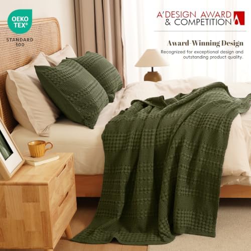 PHF Lightweight 100% Cotton Waffle Throw Blanket for Couch, Capulet Olive - Image 4