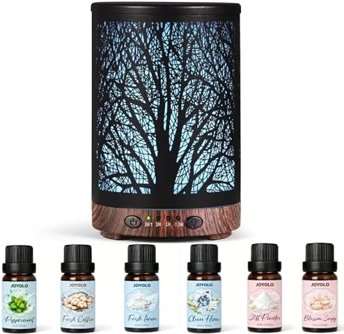 Essential Oil Diffuser & Essential Oils Set, Aromatherapy Diffuser with 7 LED Colors, 6 Oils Gift Pack (Clean Home, Peppermint, Blossom Soapy, Soft Powder, Fresh Cotton, Fresh Linen) by JOYOLO