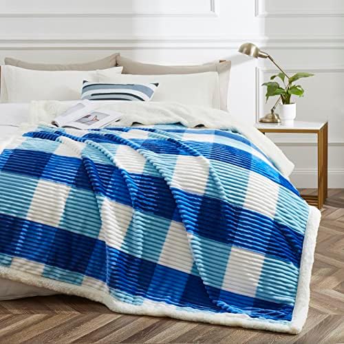 PU MEI Sherpa Blanket Twin Plaid Thick Bed Blanket, 90”*80” Super Soft Flannel Fuzzy Fleece Reversible Velvet Plush Warm Blanket for Couch(Blue Check, 80"*90") - Image 2