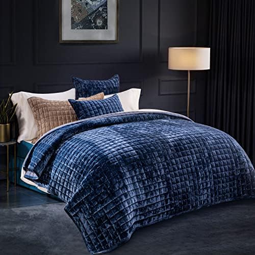 RECYCO Channel Box Stitch Velvet Quilt Set, Full Queen Size, Navy Blue by RECYCOHOMECOLLECTION