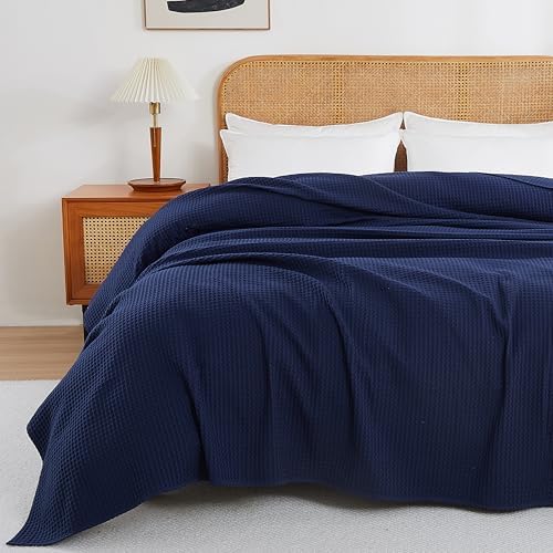 100% Egyptian Cotton Waffle Weave Throw Blanket for Bed Couch Sofa Home Decor, Soft Lightweight Bed & Couch Blanket for All Seasons (Navy Blue - Full Size - 84 * 90") - Image 2