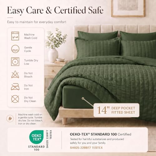 CozyLux Full Comforter Sets, 7 Pieces Olive Green Seersucker Bed in a Bag - Image 5