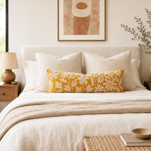 BlissBlush Long Lumbar Pillow Cover 14x36 for Bed, Mustard Floral Tufted Velvet Accent Oversize Throw Pillowcase for Bedroom, Cover Only - Image 3
