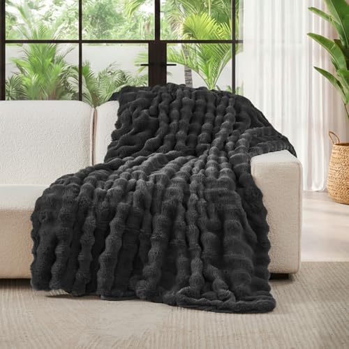 Lotus Karen Queen Size Faux Fur Blanket Dark Gray - Big Bubble Rabbit Fluff Throw for Bed Large Fluffy Fuzzy Cozy Thick Furry Plush Shaggy Blankets 90x90 Inches - Image 2