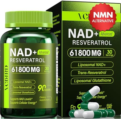 Liposomal NAD Supplement with Resveratrol 1200mg Per Serving – NAD Resveratrol for Women & Men – High Purity 1200mg NAD+ Supplement for Energy & Healthy Aging, Glutathione, Turmeric – 90 Count by VCBIRD