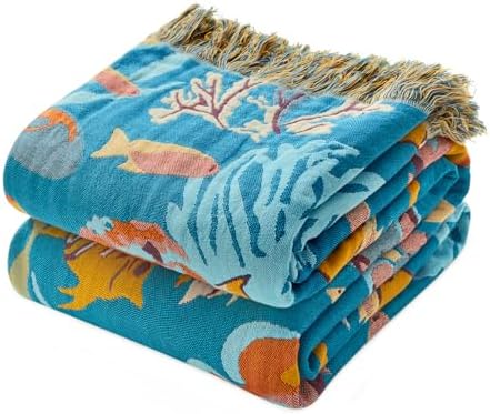 MSGKV Throw Blanket 60"x80" 100% Cotton Ocean Animals Throw for Couch Bed by MSGKVHomeTextiles