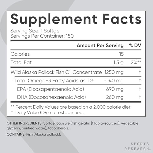 Sports Research® Omega-3 Fish Oil 1250mg from Wild Alaska Pollock,180 Count - Image 5