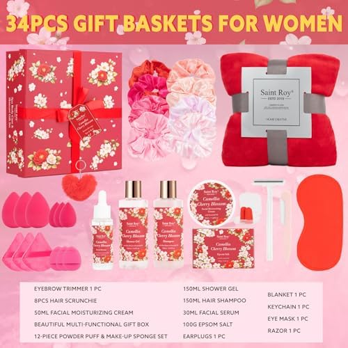35-Pc Cherry Blossom Rose Get Well Soon Spa Gift Set, Complete Spa Baskets - Image 2