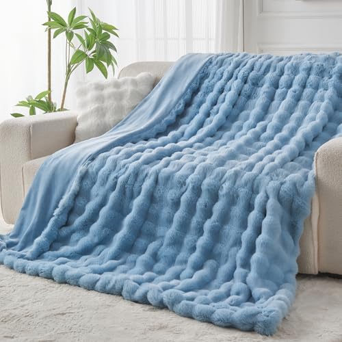Lotus Karen Fuzzy Throw Blanket Blue - Big Bubble Faux Rabbit Fur Blanket for Couch,Softest Cozy Fluffy Blanket,Thick Furry Plush Shaggy Warm Blankets for Women,50x60 Inches - Image 5