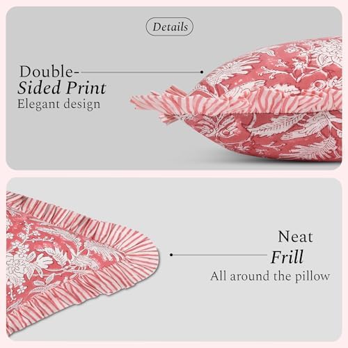 CPC Pink Coral Ruffle Throw Pillow Covers for Couch, 18x18 Inch Cotton Stripe Ruffle Couch Pillows for Living Room, Hidden 14 Inch Zipper Boho Pillow Case or Cute Outdoor Pillows - Image 2