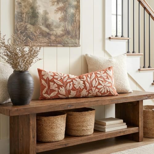 BlissBlush Long Lumbar Pillow Cover 14x36 for Bed, Rust Terracotta Floral Tufted Velvet Accent Oversize Throw Pillowcase for Bedroom, Cover Only - Image 5