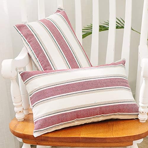 Stripe Throw Pillow Covers Case Faux Linen Lumbar Decorative Throw Cushion Covers Multi Color Pillowcase with Smooth Hidden Zipper for Sofa Bed Car Red White 2 Pieces 12"x 18" by NATUS+WEAVER