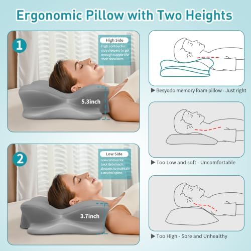 Cervical Pillow for Neck Pain Relief, Ergonomic Neck Pillow for Sleeping, Contour Pillow for Neck Support, Memory Foam Pillows for Side Back Stomach Sleepers (Grey & White) - Image 6