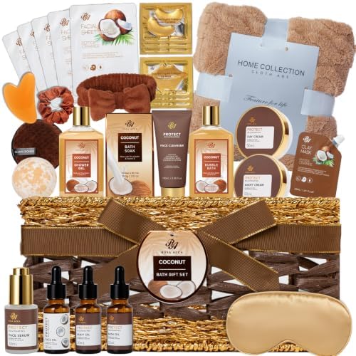 Gifts for Women & Men, 35 Pcs Coconut & Vanilla Self Care Spa Gifts Basket by RAROSAACCA