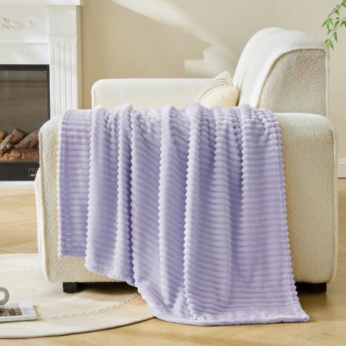 Bnuitland Fleece Throw Blanket for Couch, 300GSM Soft Warm Cozy Fluffy Throw for Adults & Kids, Stripe Pattern, All Season Sofa Bed Blanket for Home Decor, Light Purple 50"x60" - Image 2